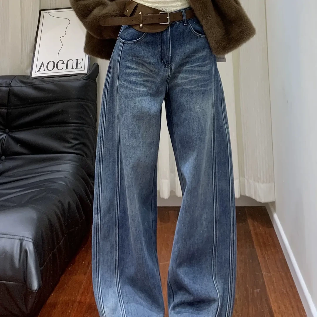 冬季加绒加厚高腰显瘦弯刀阔腿牛仔裤女复古新款