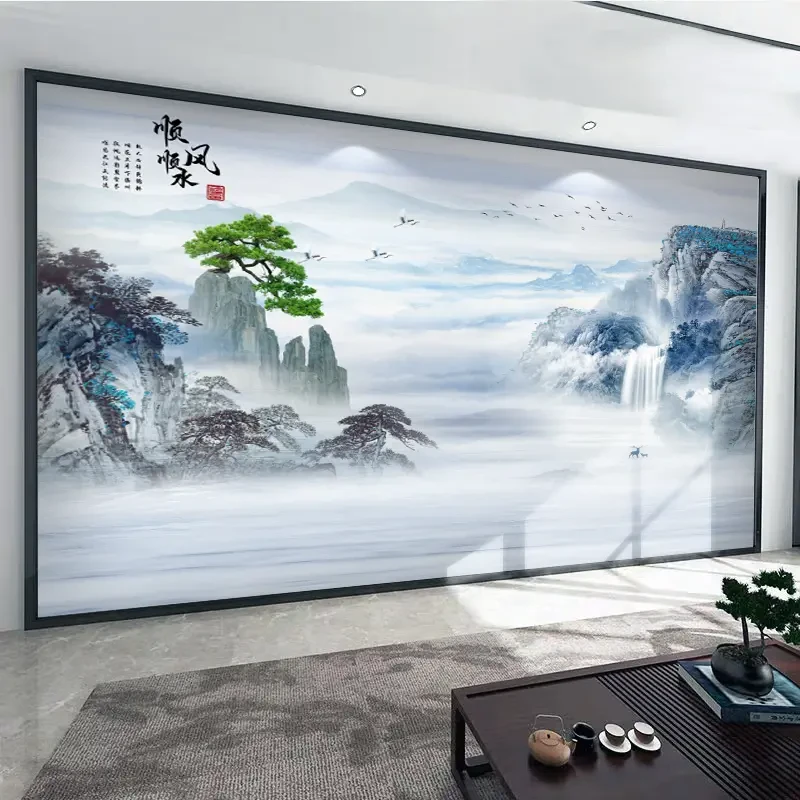 新中式电视背景墙壁布山水顺风顺水壁纸客厅茶室沙发墙布定制壁画