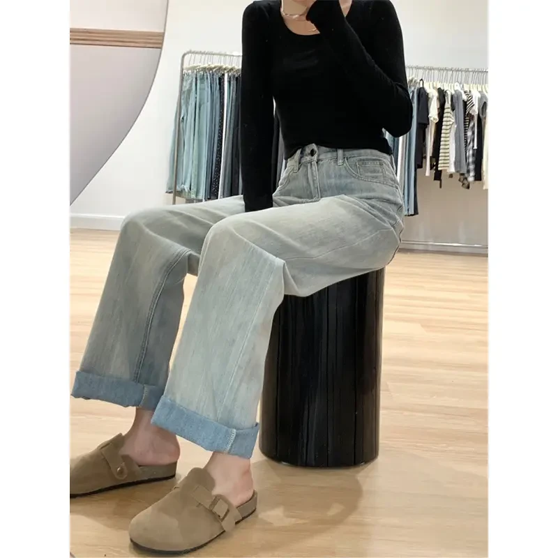 肌理感阔腿牛仔裤女秋季2025新款高腰显瘦直筒宽松拖地裤子春秋