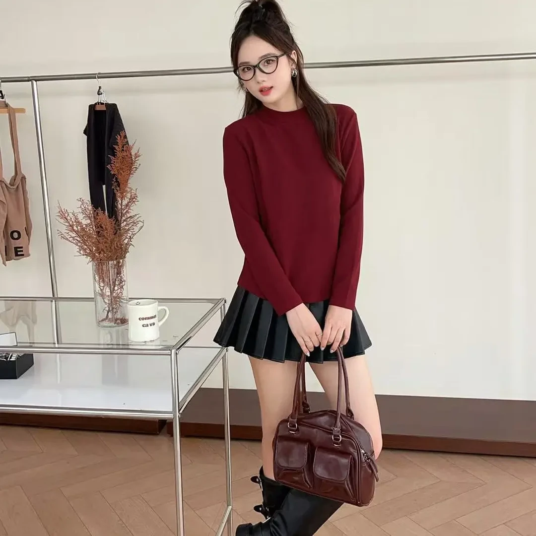 磨毛慵懒风T恤韩版内搭半高领套头常规针织极简风