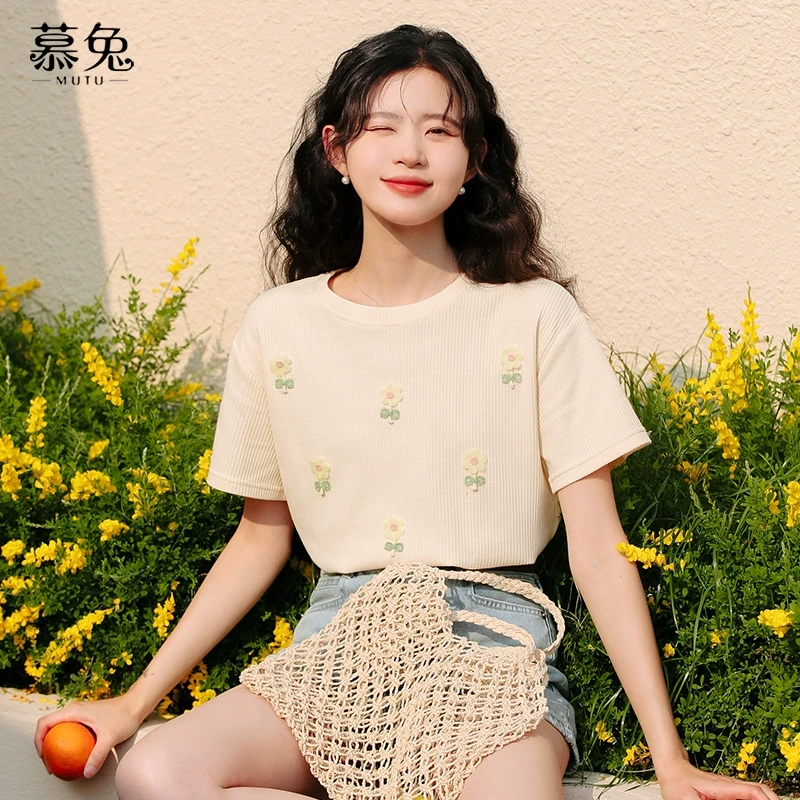 小个子华夫格正肩短袖t恤女2024夏季新款设计感小众立体花朵上衣