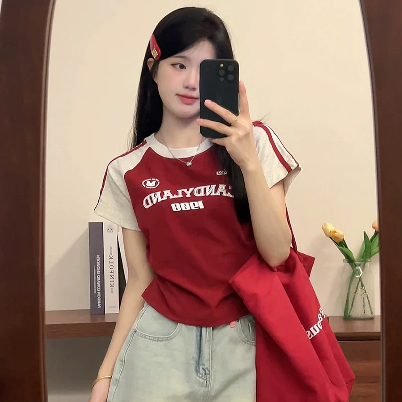 2025夏季新款美式条纹撞色正肩短袖t恤女甜辣小个子修身短款上衣