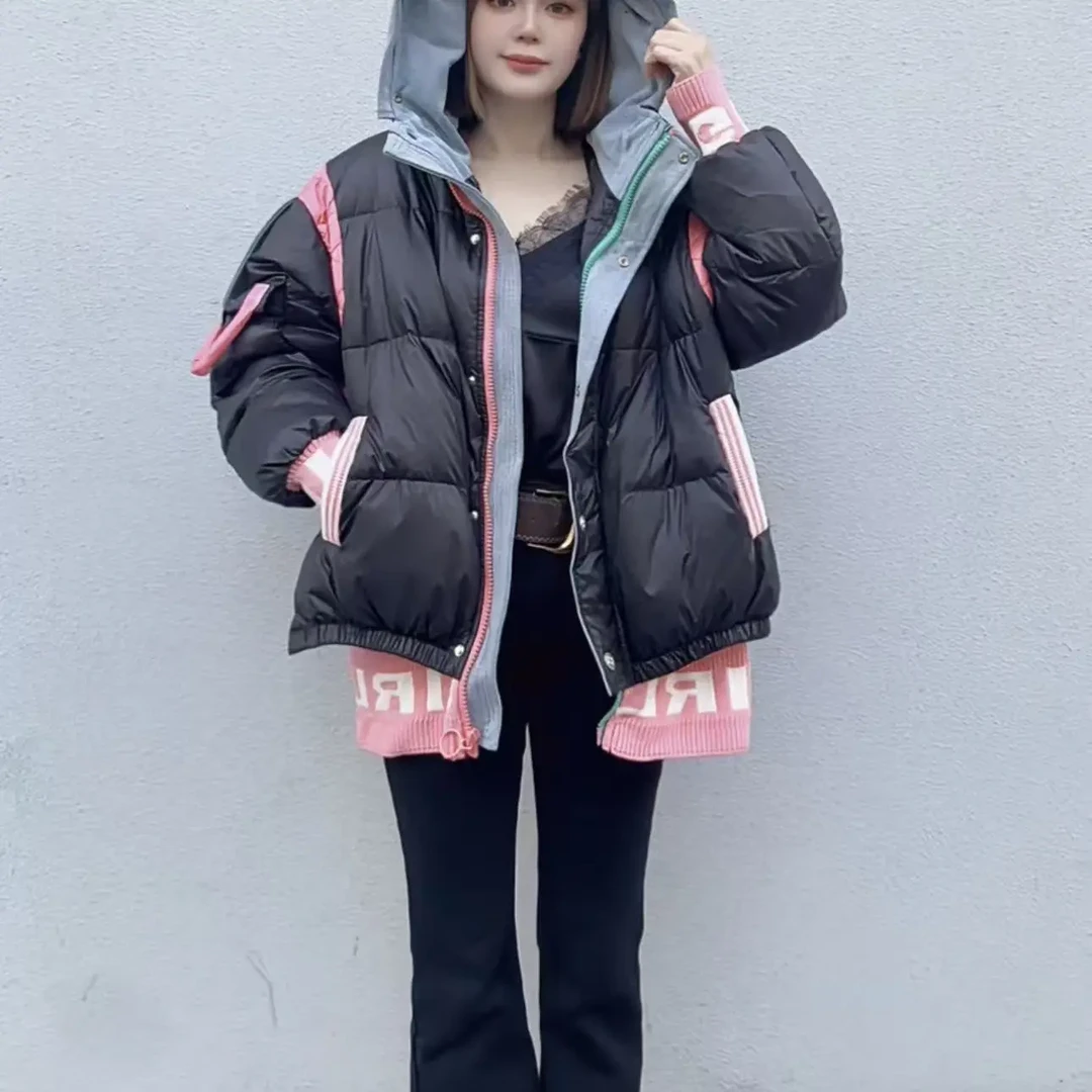 欧货女装字母拼接连帽羽绒服2025冬季新款设计感减龄白鸭绒外套