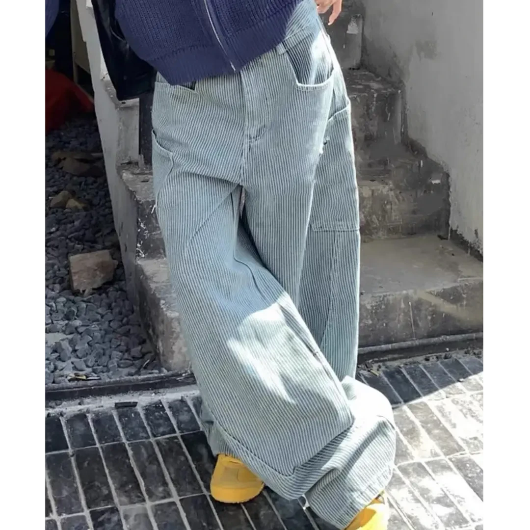美式复古竖条纹弯刀牛仔裤男2024秋冬季新款高腰显瘦宽松阔腿裤子