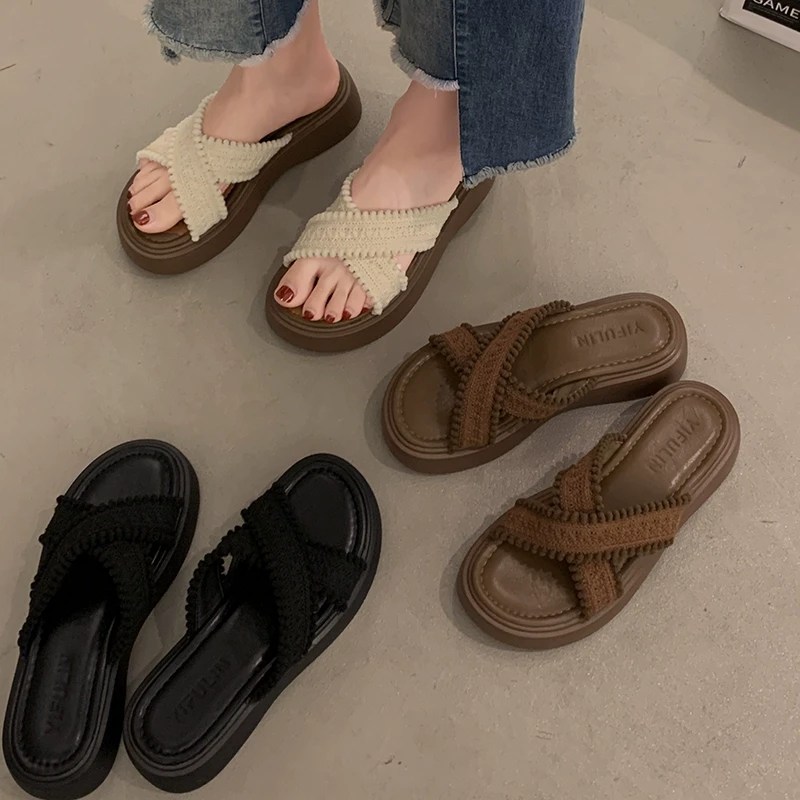 【达人专属】贾不假波西米亚度假风一字拖外穿复古编织厚底休闲拖鞋