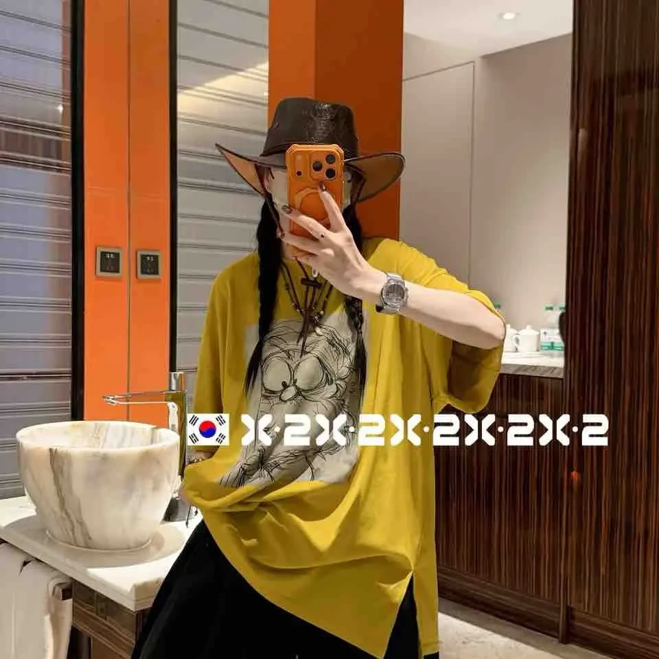 夏季雪花棉加菲猫开叉印花宽松百搭短袖T恤女