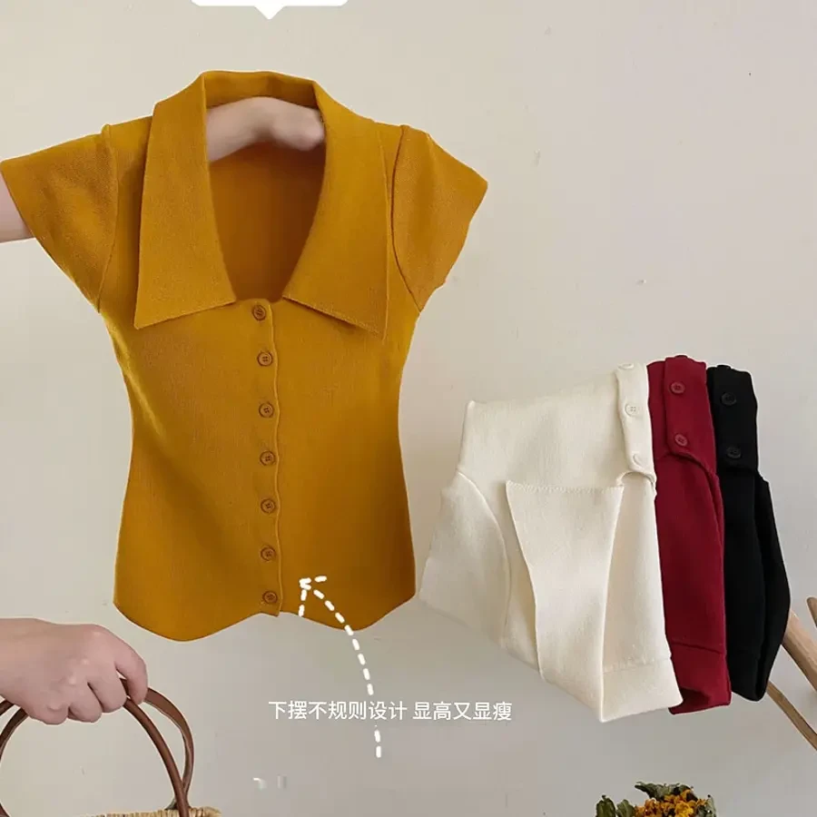 法式博主polo翻领开叉飞飞短袖针织开衫女夏修身洋气小众小衫上衣