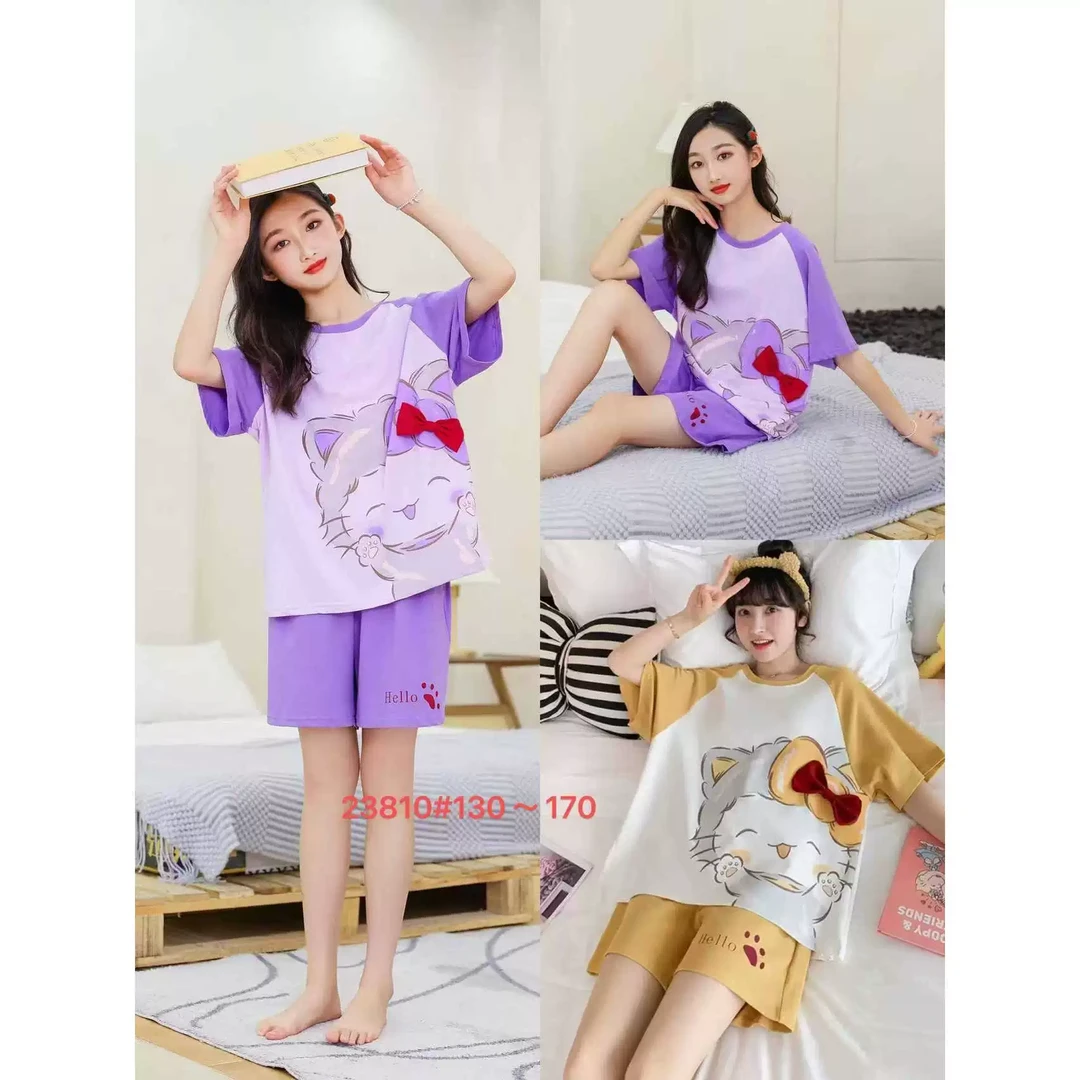 23810 蝴蝶结小猫印花家居服两件套