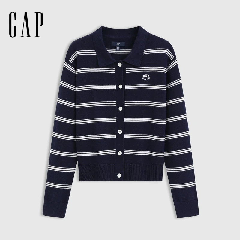 休闲Gap女装2025春季琥珀流光欧若风刺绣条纹针织开衫毛衣761405