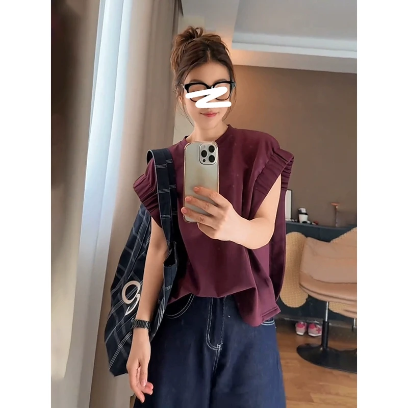 韩国纯色宽松百搭小飞袖T恤女2025夏季圆领甜妹减龄气质无袖上衣