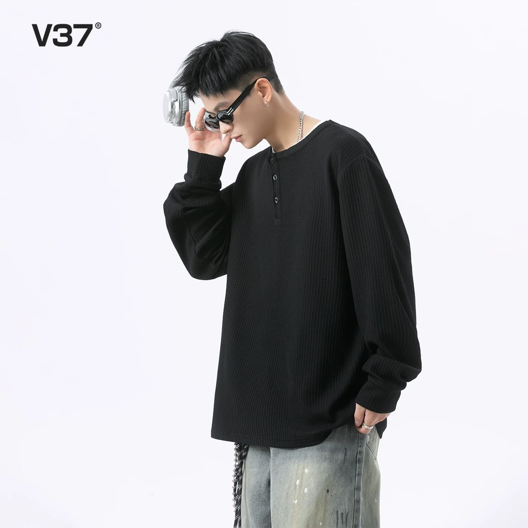 V37亨利领长袖T恤男士春秋季青少年内搭纹理感潮牌百搭休闲打底衫