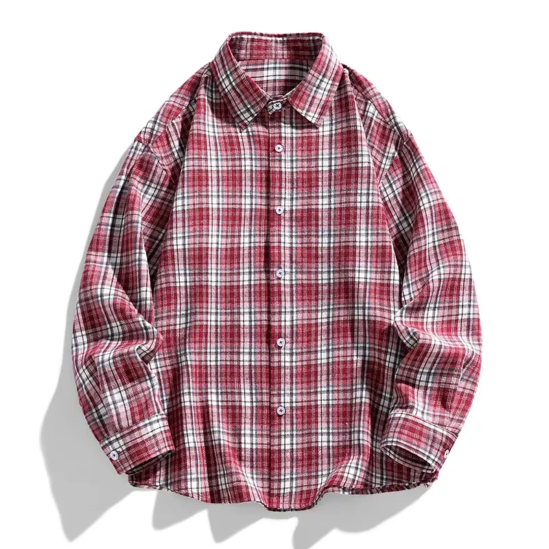 HE格子长袖衬衫男士外套春夏季新款宽松翻领衬衣休闲百搭男装