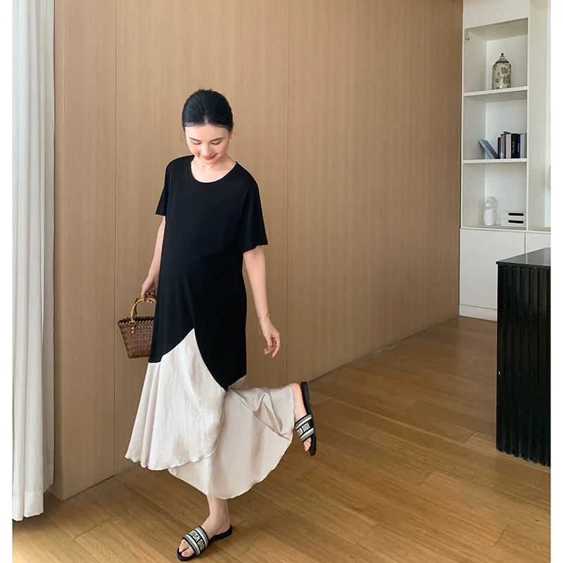 ZMA孕妇装【拼接撞色连衣裙】夏季新款圆领t恤长裙不规则缎面花边