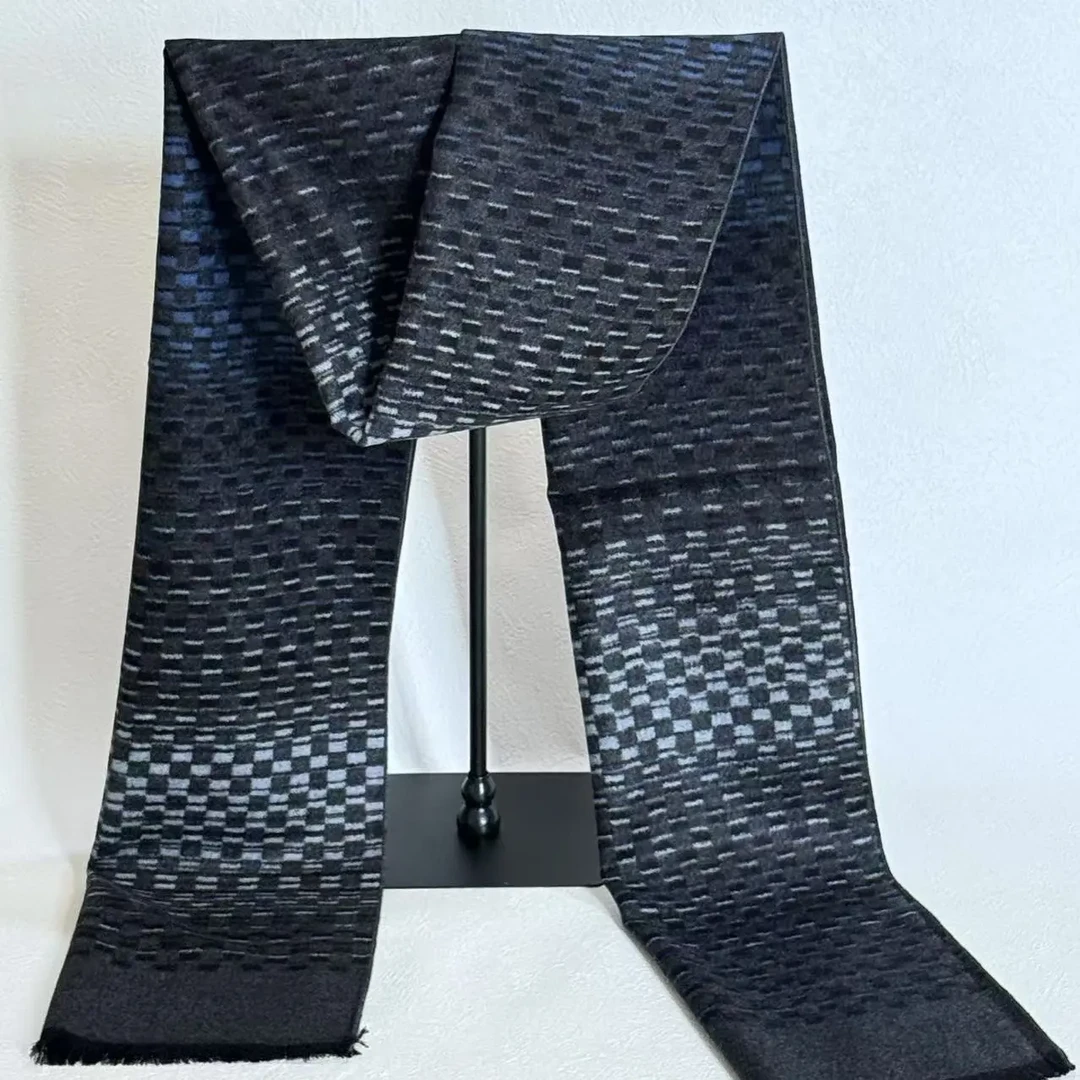 碎花格纹色织商务蓝灰色渐变百搭桑蚕丝拉绒围巾