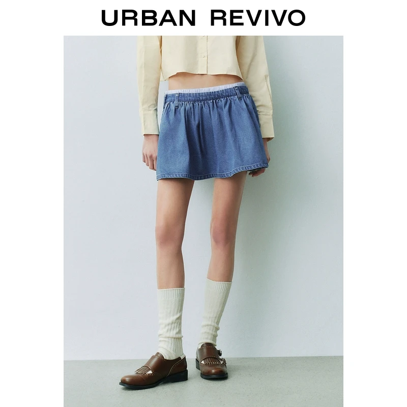 UR2025春季新款女装欧若风复古学院风拼接腰头牛仔半裙UYY850041