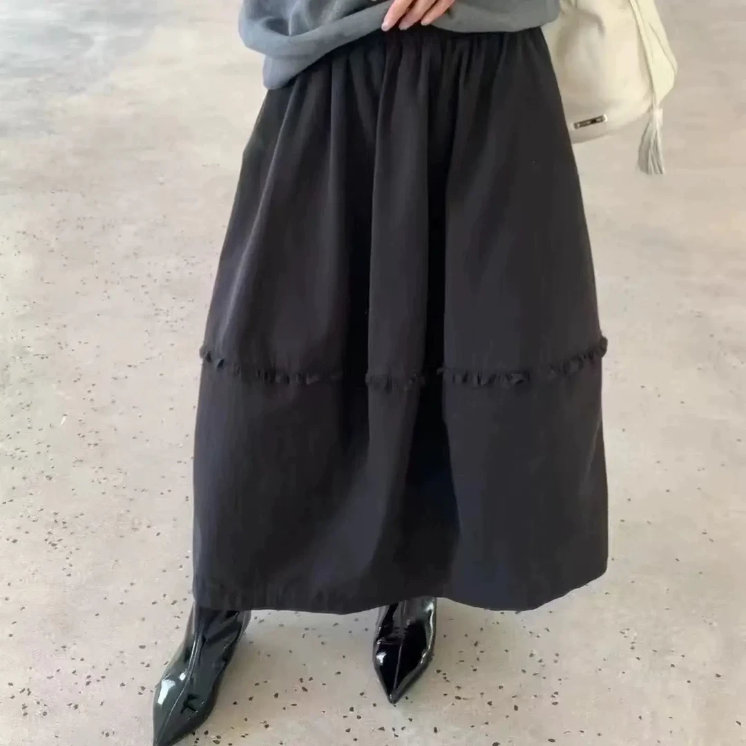 羊绒毛呢半身裙女秋冬2025新款遮胯显瘦高腰百搭木耳边花苞裙长裙