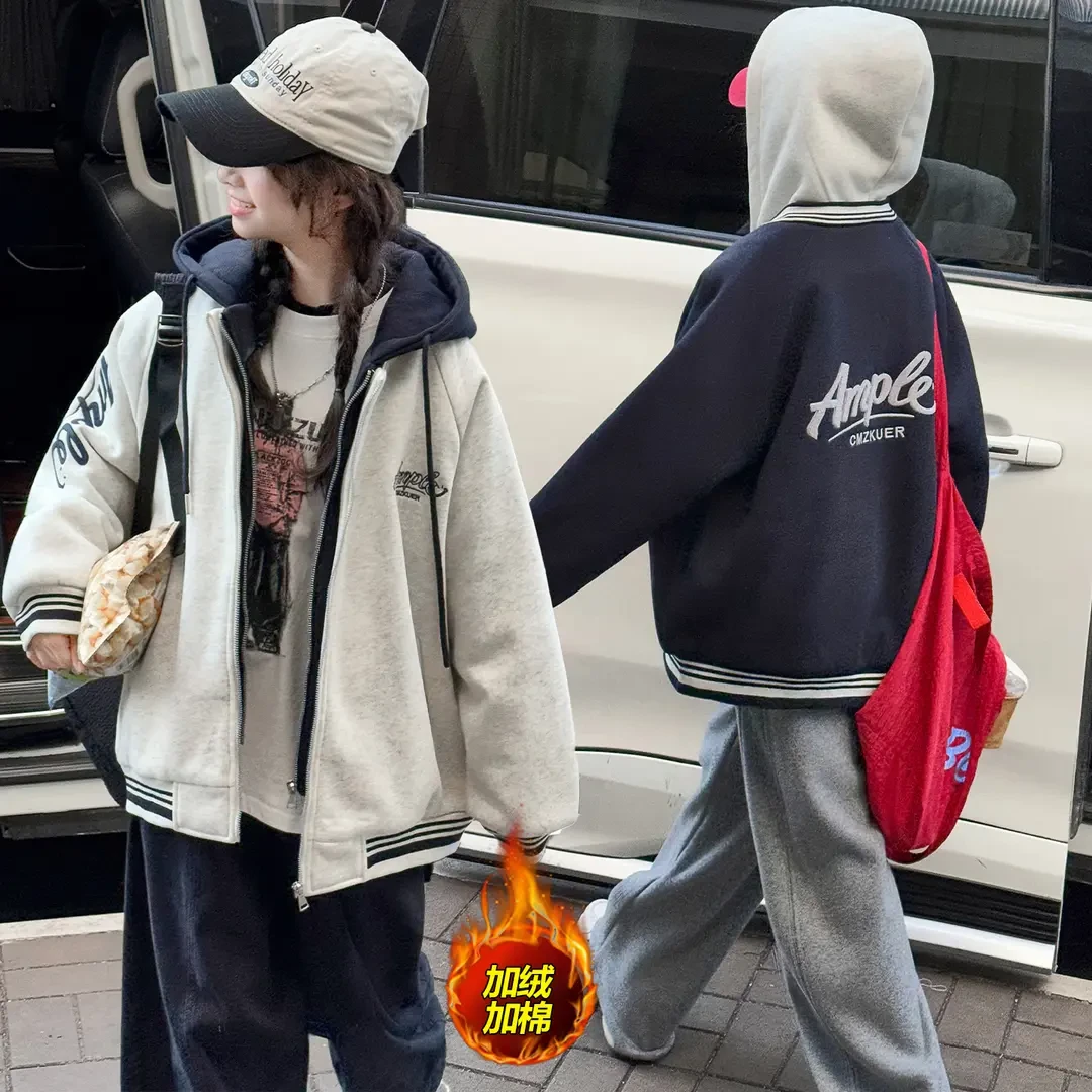 女童棉服外套女孩大童假两件夹棉加厚外套休闲百搭棒球服潮8-18岁