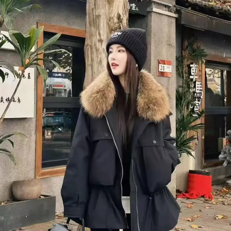 冬季时尚洋气大码女装大毛领白鸭绒腰间抽绳显瘦百搭派克羽绒服