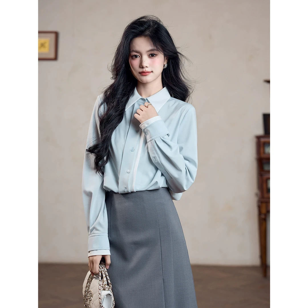 宿本【海盐薄荷】法式衬衫2025年春长袖设计感撞色上衣1510152CC