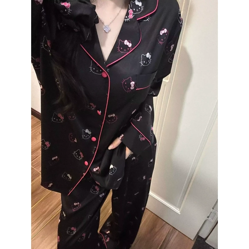 暗黑纯欲Kitty缎面冰丝睡衣女春秋新款高级气质仿真丝家居服套装