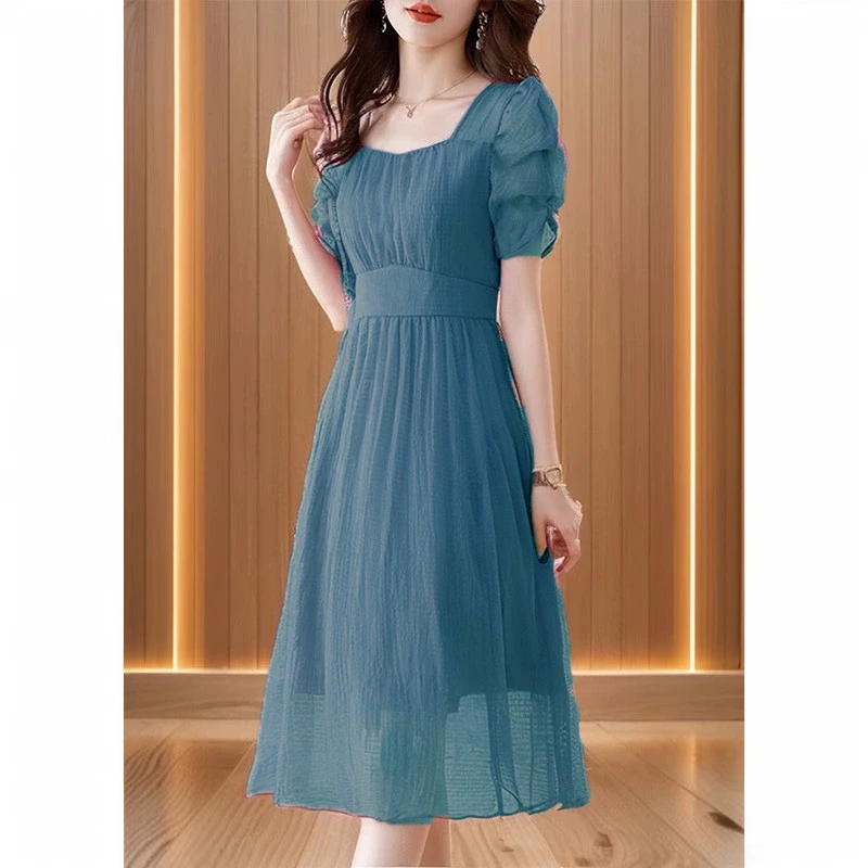 中长款短袖连衣裙碎花妈妈小个子收腰裙子显瘦减龄气质高端高级感