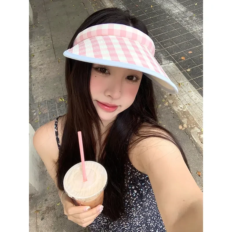 透气遮阳帽可爱防晒太阳帽大帽檐显脸小格子空顶帽女夏季百搭ins