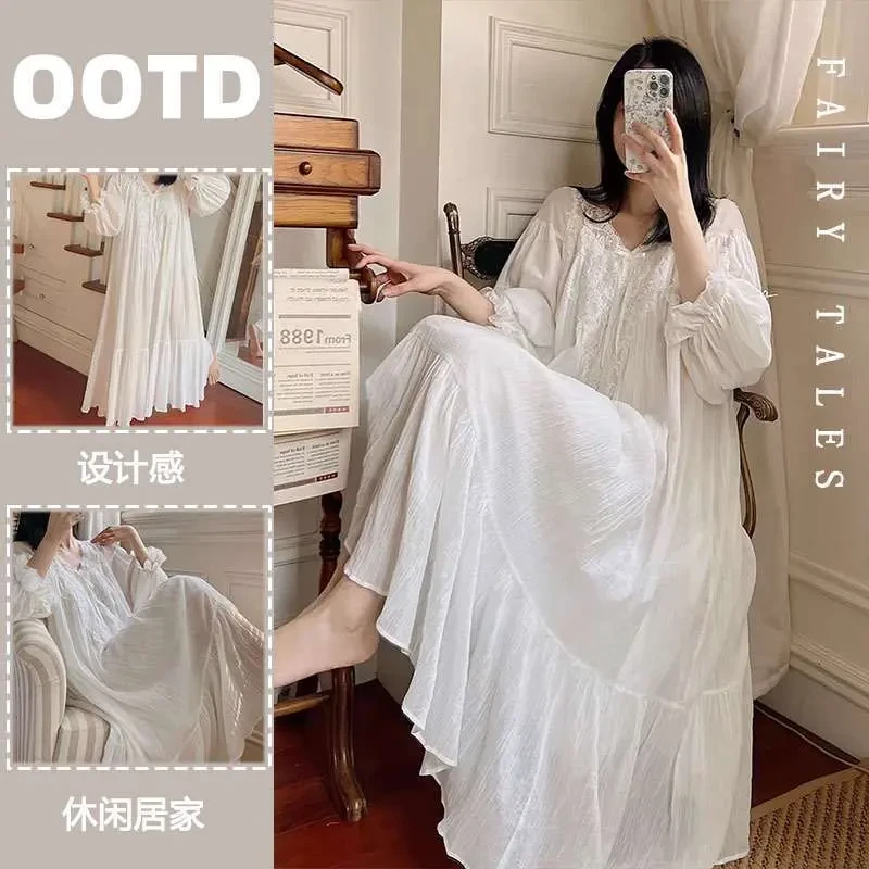 新款法式甜美蕾丝边轻奢风睡裙女春秋季新款宽松休闲家居服连衣裙