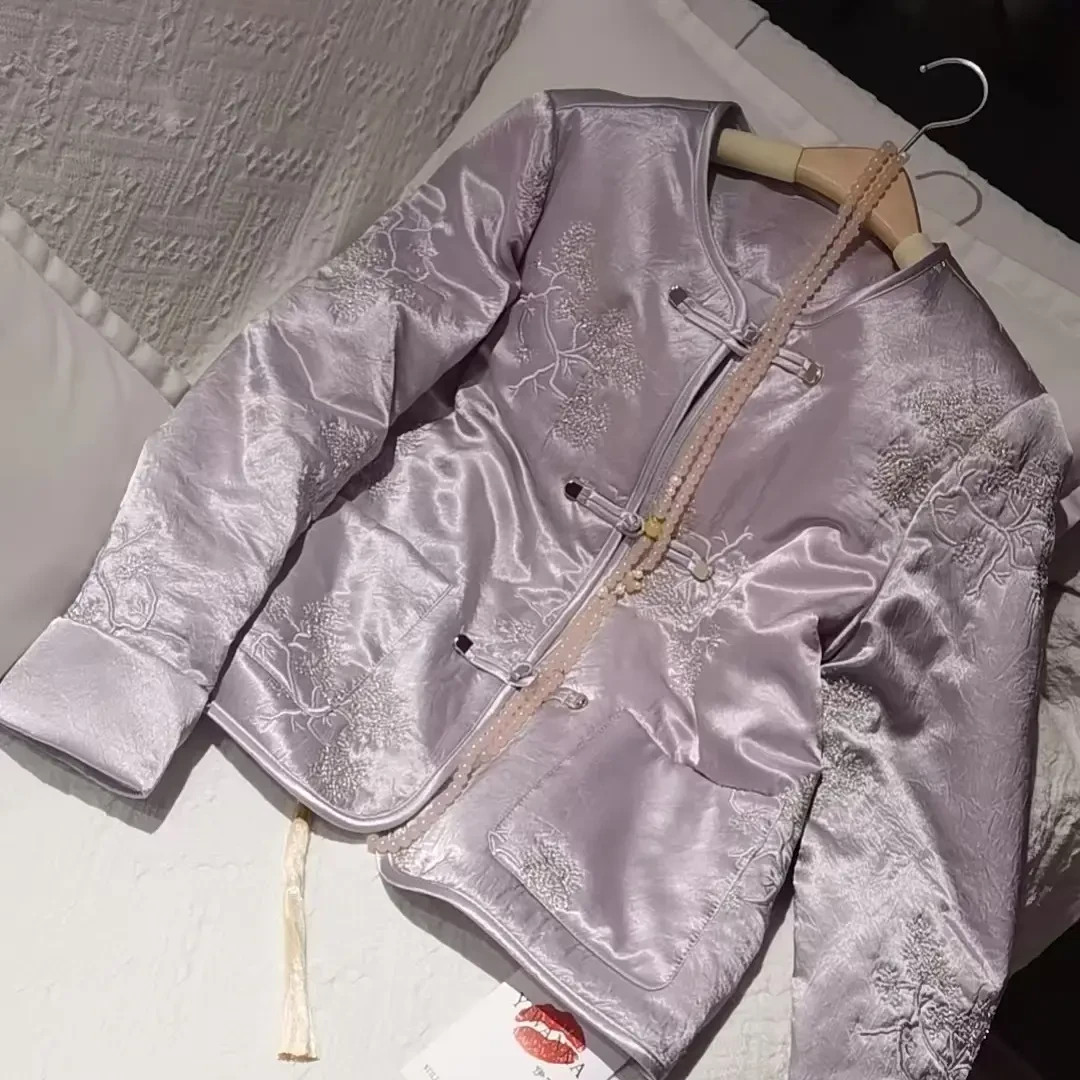 新中式粉红紫色提花醋酸盘扣长袖加厚保暖百搭短款棉服外套