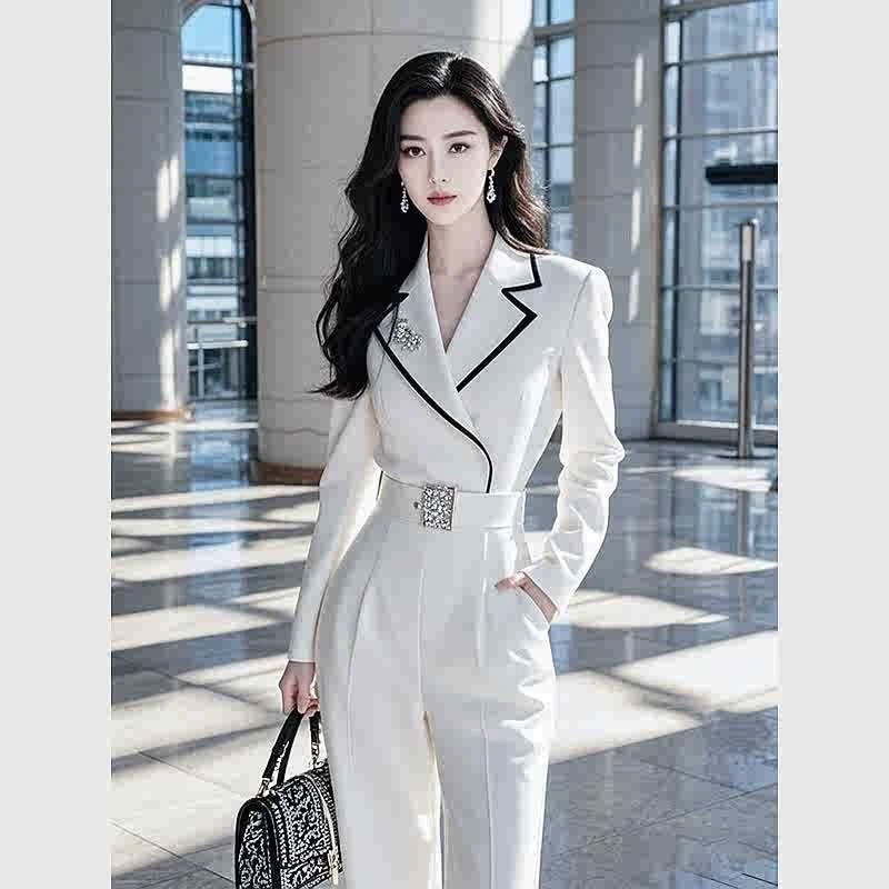 小香风套装轻奢高级感女人味假两件白色连体裤2025超火两件套...