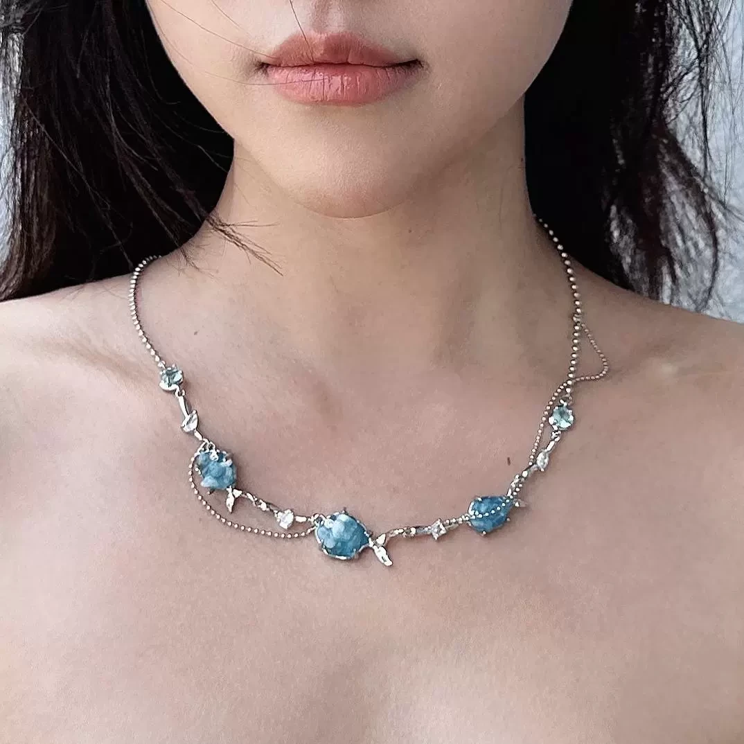 铜合金锆石项链 冰封雪域少女颈链设计感甜酷海豚锁骨链蓝色项链
