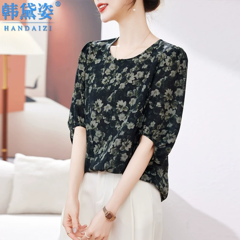 杭州时尚高端五分袖真丝上衣女2025夏新款气质显瘦双绉桑蚕丝衬衣