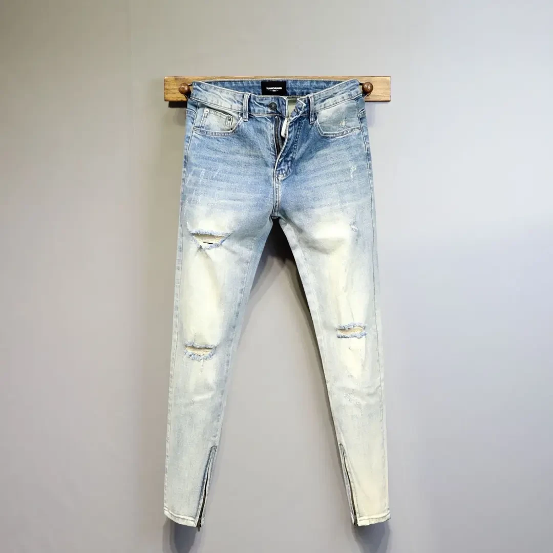 潮牌时尚蓝色渐变破洞猫须裤脚拉链修身牛仔长裤男士高街小脚裤