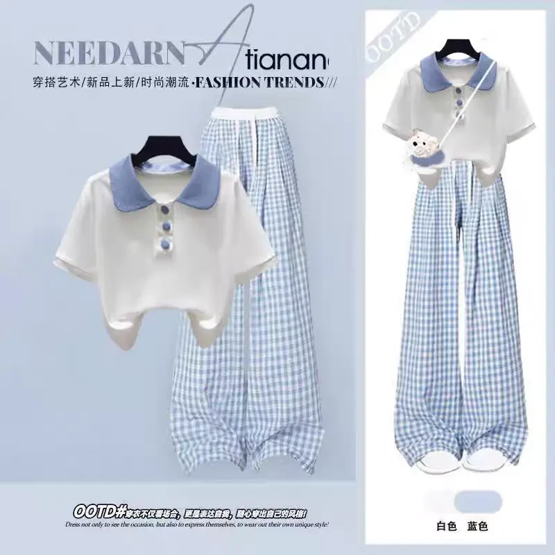 夏季女大童休闲风学院风慵懒风学生套装蓝色短袖T恤格子裤两件套