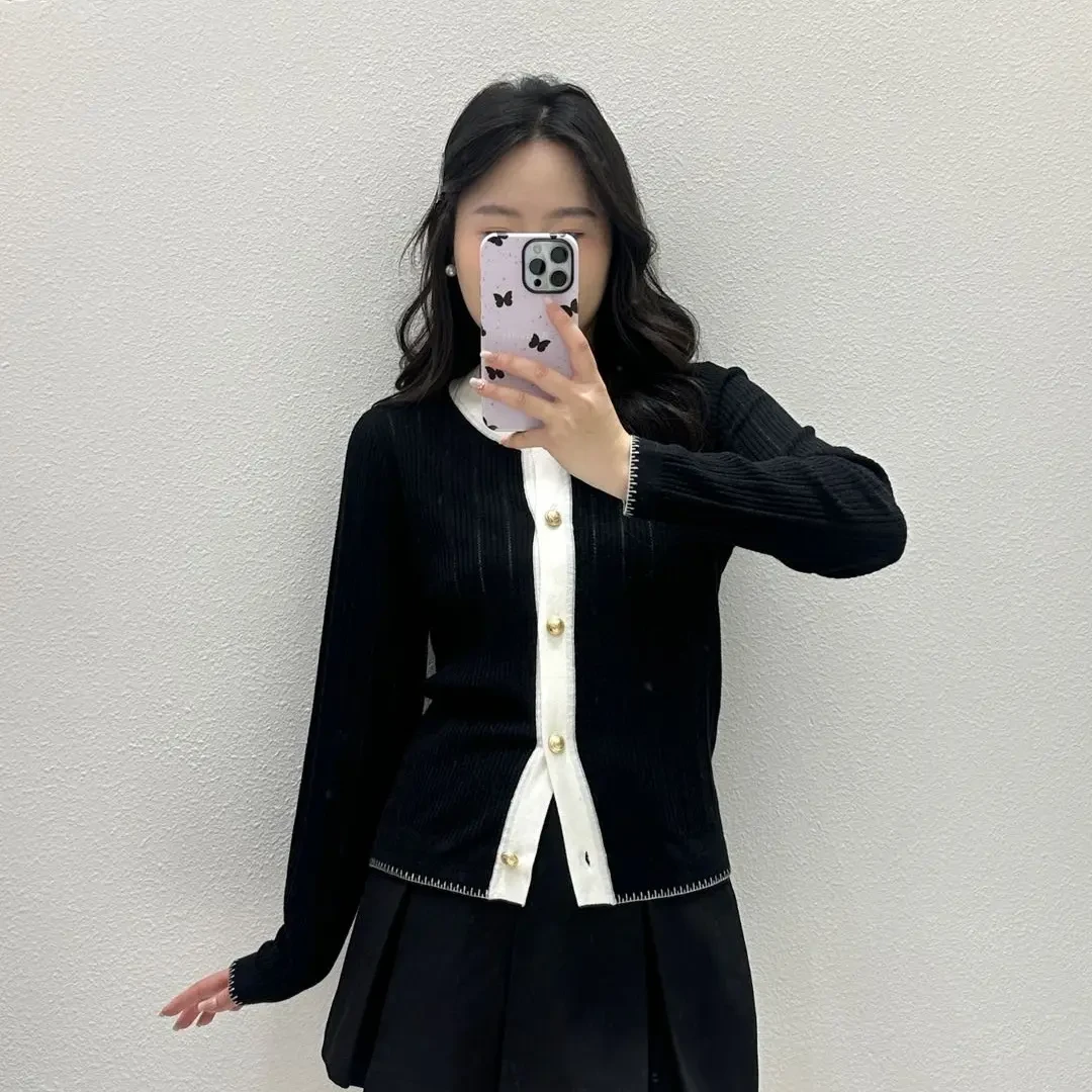 落肩袖拼接冬季包袖薄款毛针织衫黑色名媛长袖秋季设