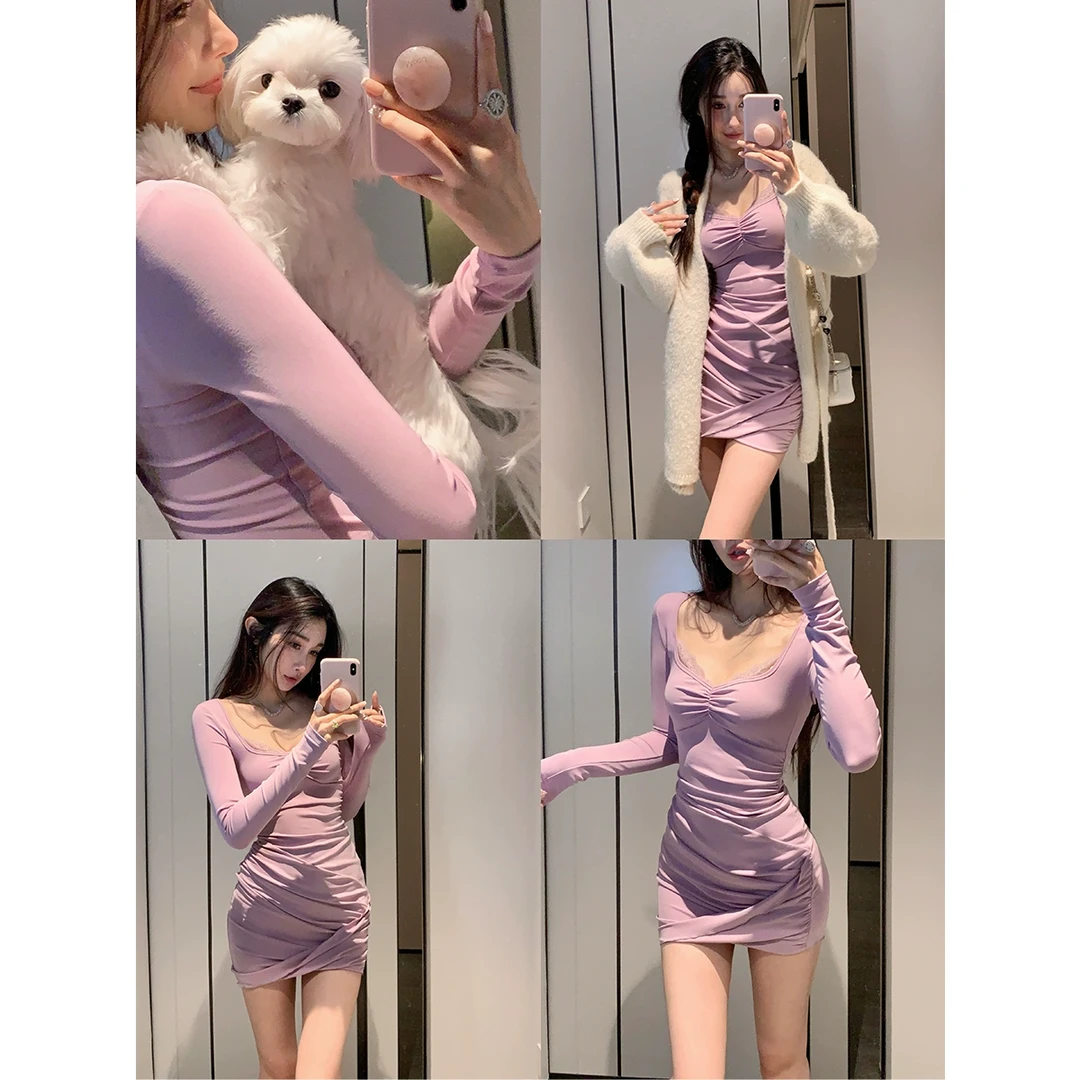 ACHI大也池◆玫瑰雾~天丝v领蕾丝拼接连衣裙女【新品】