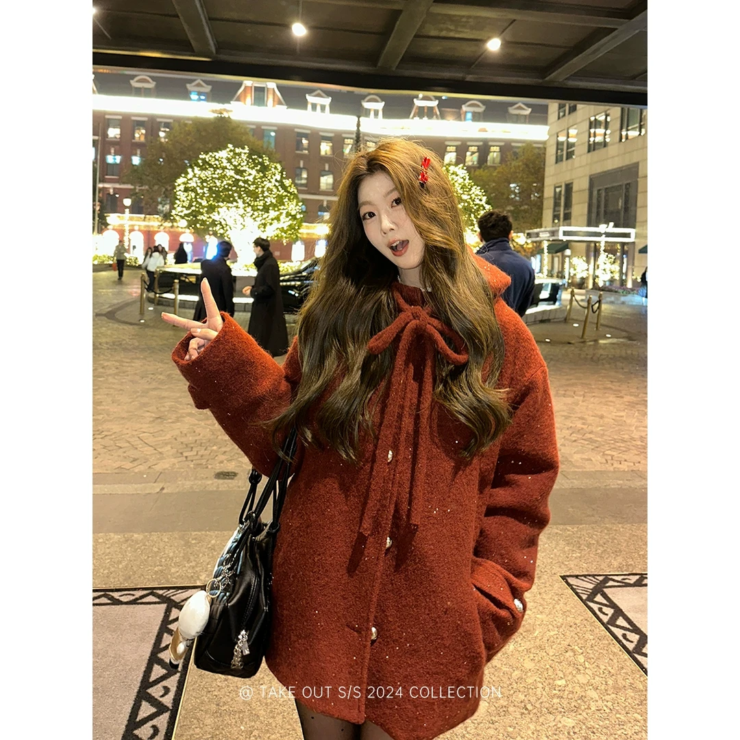 外卖到了【新年奏曲】热红酒红毛呢大衣时尚韩系乖甜短外套WM4LSW19