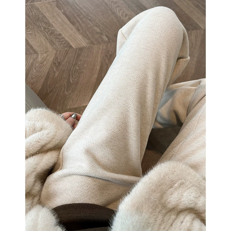 毛呢阔腿裤女秋冬针织加绒加厚宽松显瘦人字纹窄版直筒休闲拖地裤