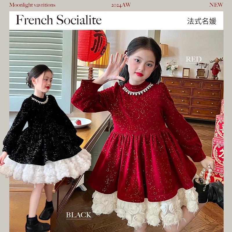 栀了成长记童装女童红色新年连衣裙儿童宝宝加绒裙名媛风公主裙