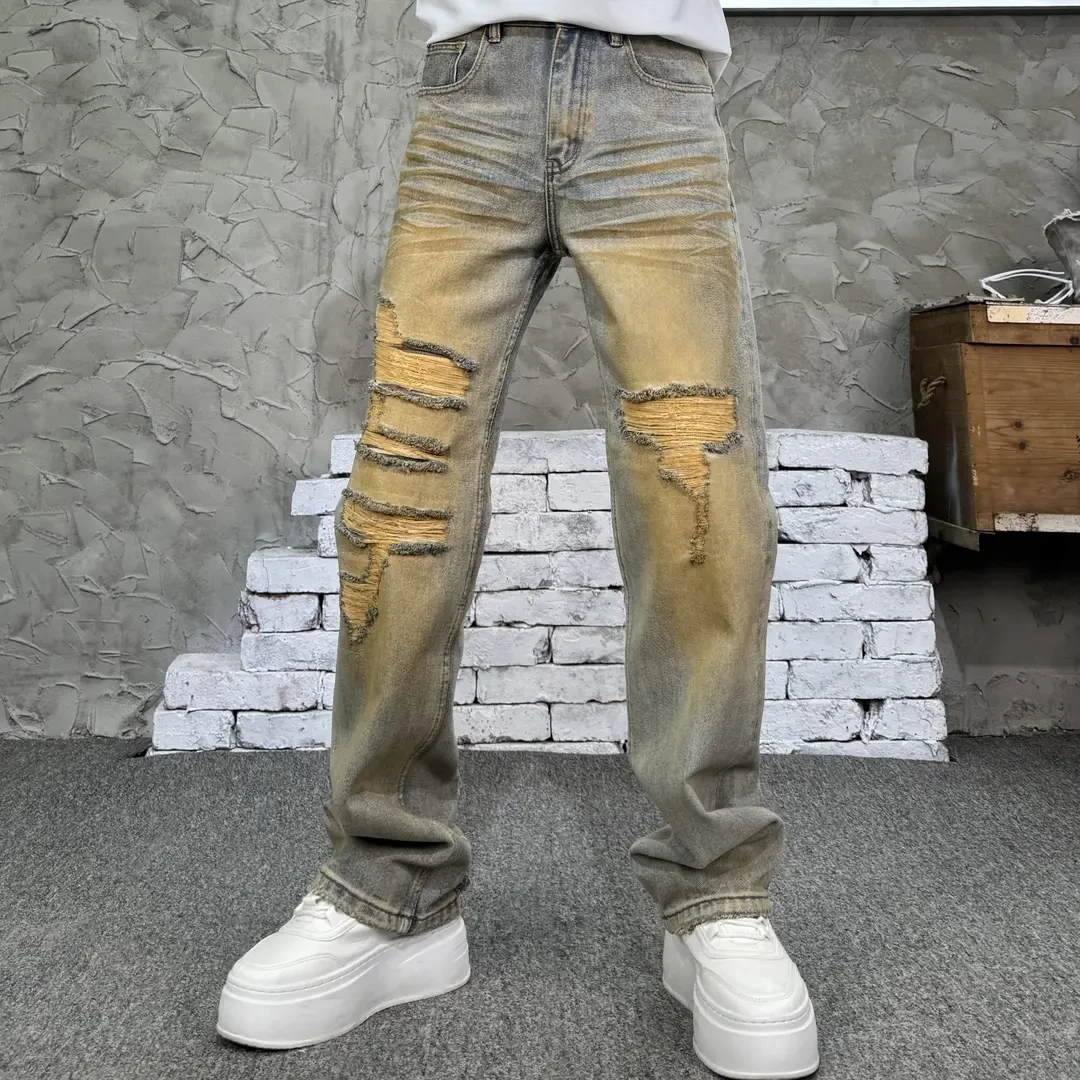 美式宽松直筒高街男士痞帅牛仔裤破洞做旧个性古铜中腰显瘦显腿长