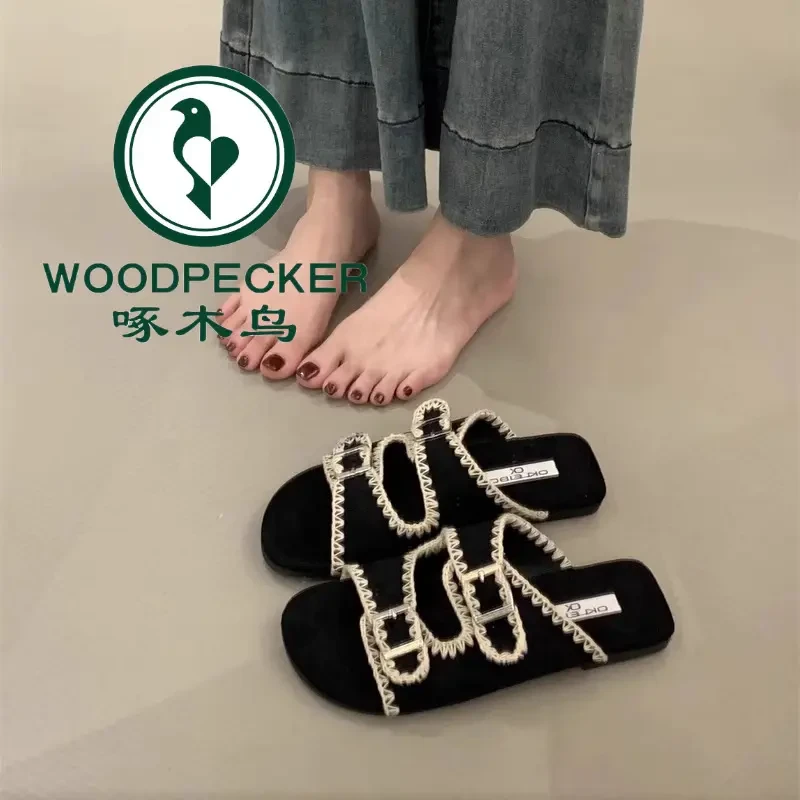 啄木鸟厚底蕾丝凉拖女2025新款夏季外穿防滑圆头一字拖勃肯沙滩鞋