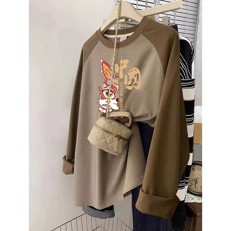 大码oversize宽松百搭春季插肩袖纯棉长袖t恤女2025新款显瘦上衣