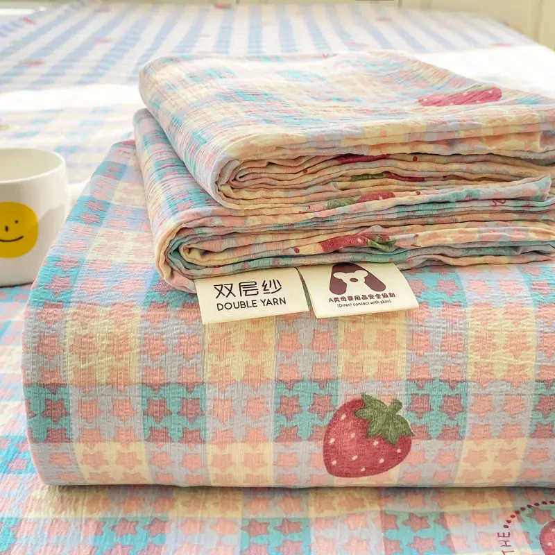 【草莓格】夏季超柔A类木棉双层纱床单床笠三件套防滑可机洗格子