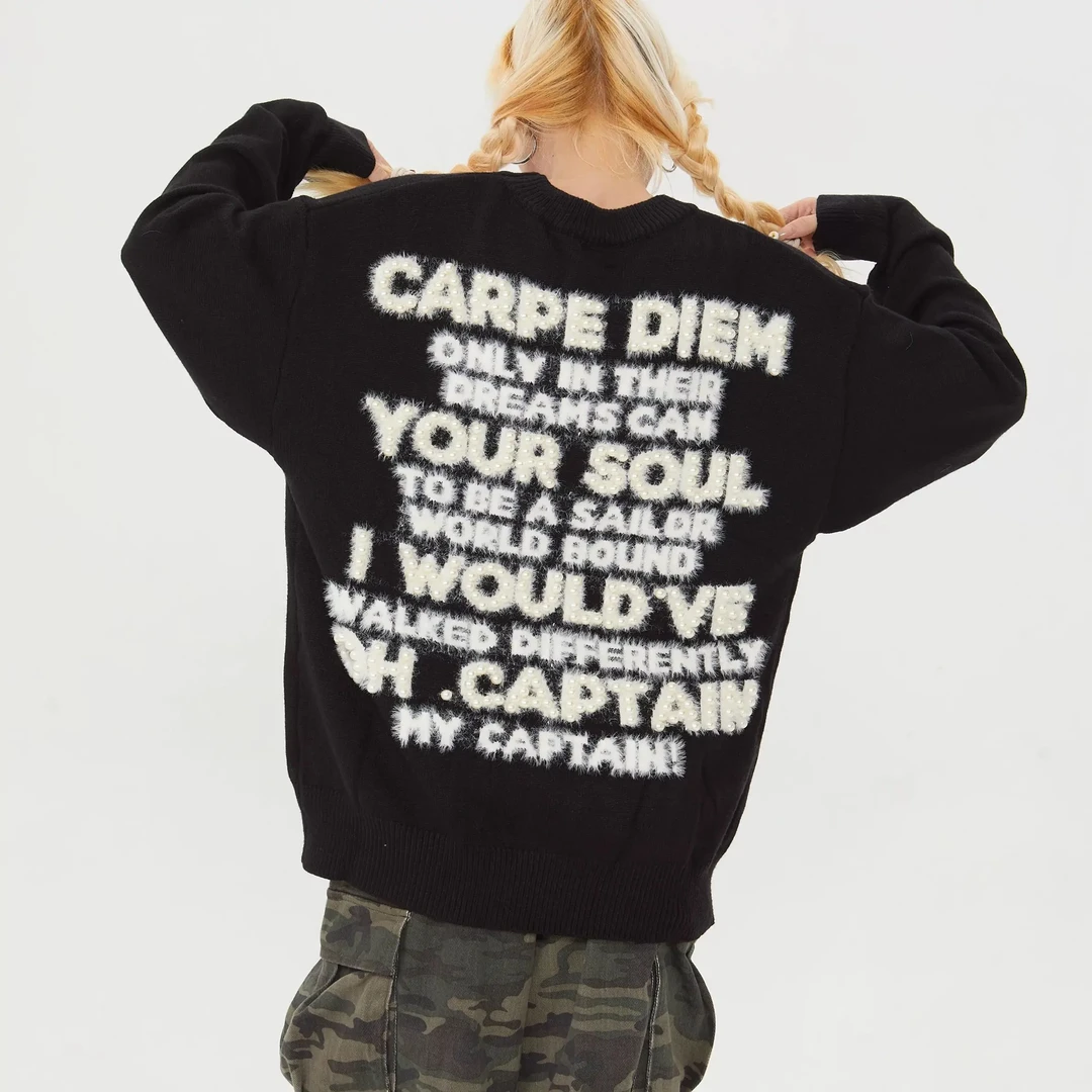 珍珠仿海马毛秋冬美式复古字母宽松圆领针织毛衣 男女同款65003