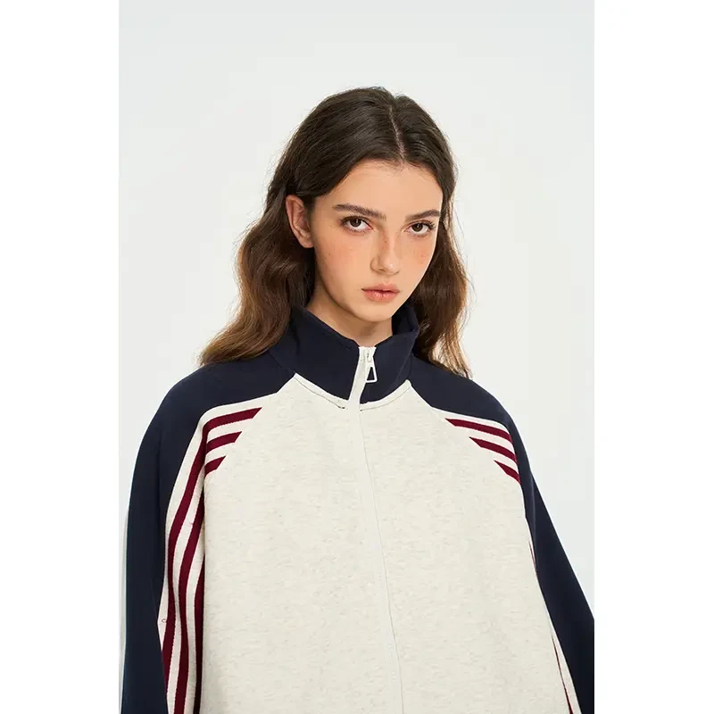 2025春秋拼接撞色三条杠织带卫衣开衫夹克ootd穿搭男女同款L8023_