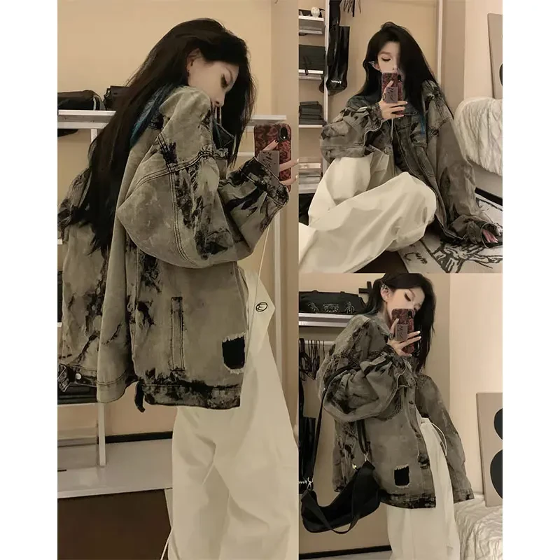 美式复古扎染破洞牛仔外套男女春秋衬衫式夹克oversize正肩牛仔衣