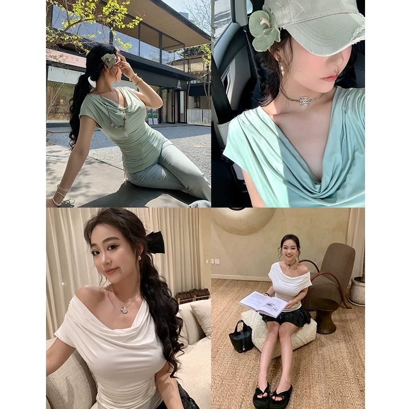 肉装小cherry 奶油抹茶 法式微胖舒适莫代尔慵懒荡领连袖抽褶上衣