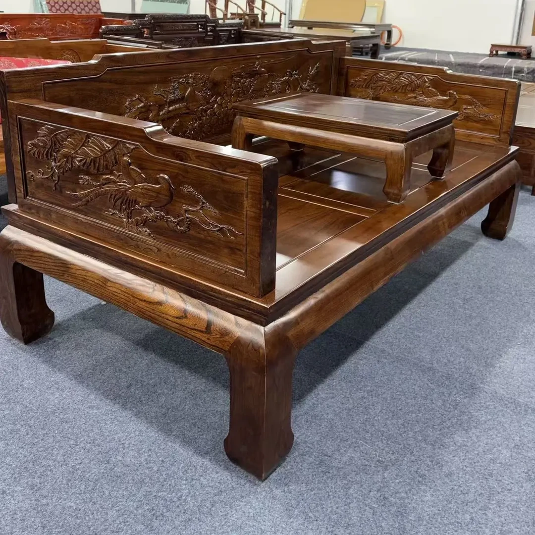 吉祥孔雀款北方老榆木全榫卯雕花罗汉床客厅办公室原木罗汉榻