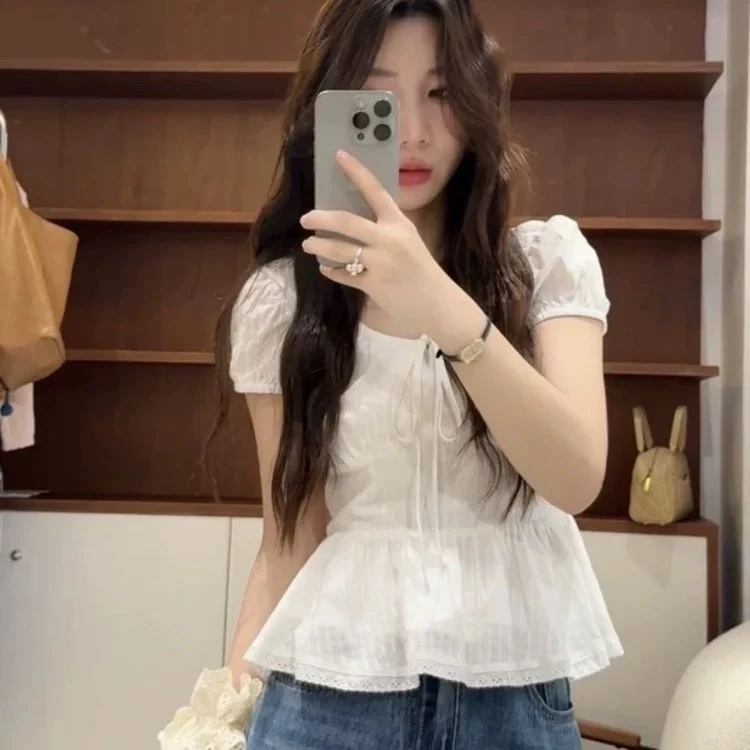 法式方领泡泡袖t恤女夏季芭蕾风收腰独特设计感白色短袖小衫上衣