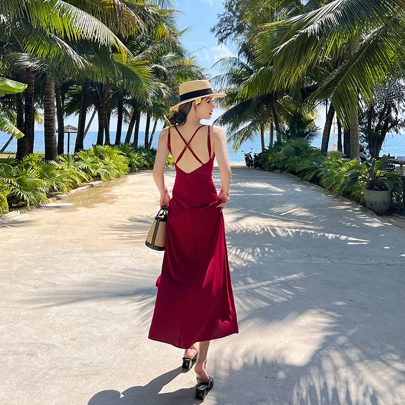 林关关 海边度假连衣裙红色V领沙滩裙1808
