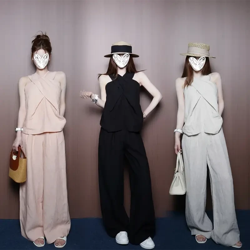 财阀千金女装交叉挂脖无袖背心上衣高腰宽松显瘦直筒长裤子套装